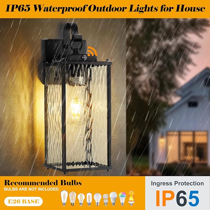 2-Pack Dusk to Dawn Outdoor Lighting with Water Ripple Glass IP65 Waterproof Matte Black Front Porch Lights Photocell Sensor Exterior Light Fixtures Outdoor Wall Sconces Coach Lights