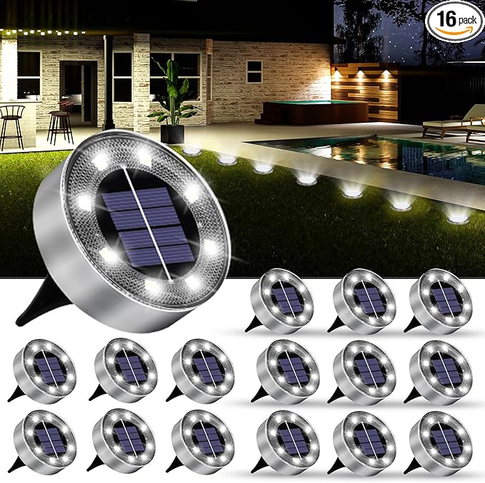 Solar Lights Outdoor 16 Pack Solar Garden Outdoor Waterproof Pathway Lights Bright In-Ground Light Outdoor Lighting Decor for Lawn Patio Yard Driveway Step and Walkway White Light