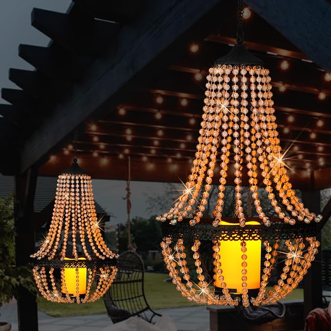 Hanging Candle Chandelier Outdoor Battery Operated Clear Acrylic Beaded Chandelier with Flickering Led Candle Light S Hooks Modern Lantern for Garden Yard Patio Gazebo Room Indoor Decorations 27”H