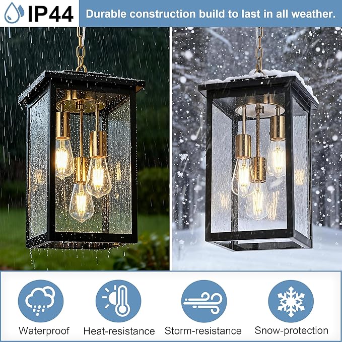 TODOLUZ 3-Lights Large Outdoor Pendant Light Waterproof Exterior Height Adjustable Hanging Lighting with Seeded Glass Panel &amp E26 Bulb Base Modern Porch Ceiling Lamp for Porch Patio Garden