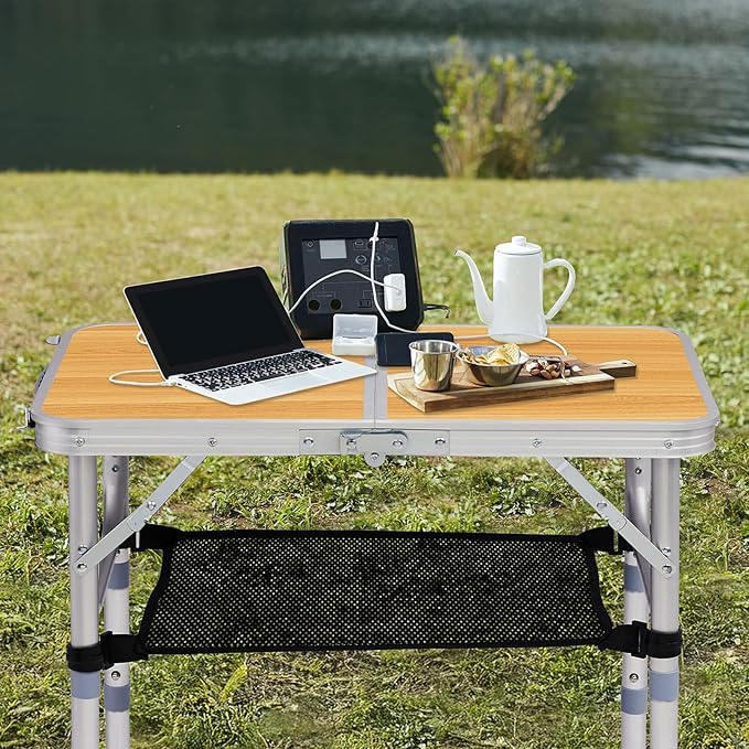 2 FT Folding Camping Table with Storage Portable Fold-in-Half Camp Kitchen Party Table 3 Height Adjustable &amp Carry Handle Rectangular Card Tables for Outdoor Picnic BBQ Backyard (Wooden Pattern