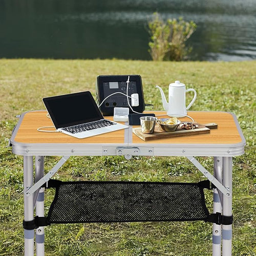 2 FT Folding Camping Table with Storage Portable Fold-in-Half Camp Kitchen Party Table 3 Height Adjustable &amp Carry Handle Rectangular Card Tables for Outdoor Picnic BBQ Backyard (Wooden Pattern