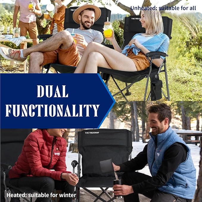 Heated Camping Chairs Adults Folding: Oversized Foldable Outdoor Chair for Outsides with Cup Holder – Heavy Duty Heating Portable Chair Sports Fishing Soccer Lawn Battery NOT Included (Black X Large)