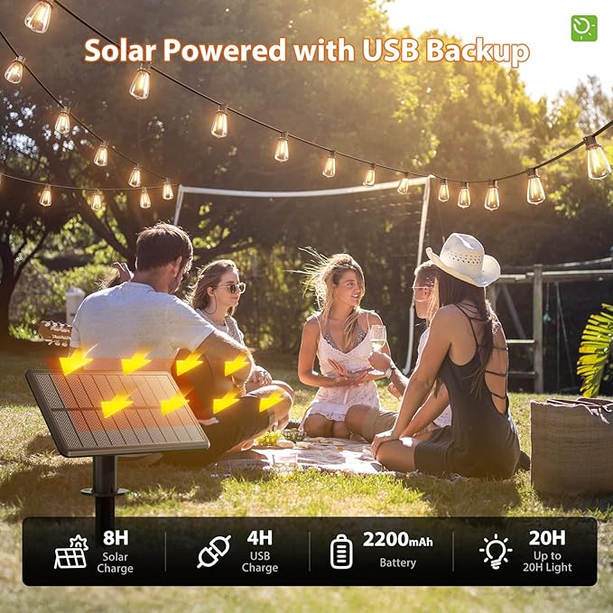 KYY 54FT Solar String Lights Outdoor Waterproof with USB Charging &amp Remote Dimmable &amp Timable Solar Powered Patio Lights with LED Shatterproof Bulbs for Deck Backyard Porch Garden Camping
