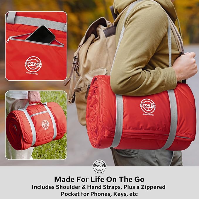 STOVER Large Waterproof Outdoor Stadium Blanket- Extra Thick Soft Fleece Camping Blanket for Travel Picnics Sports Dogs 79x55 Warm Windproof Sand-Proof Lightweight Packable (Sunset Red)