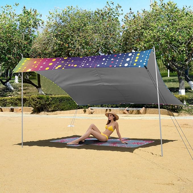 Bolaz Beach Canopy Tent Sun Shade9'×10.5' Large Family Beach Shade UPF50+- Outdoor Shade for Camping Trips FishingDots Rainbow Pattern