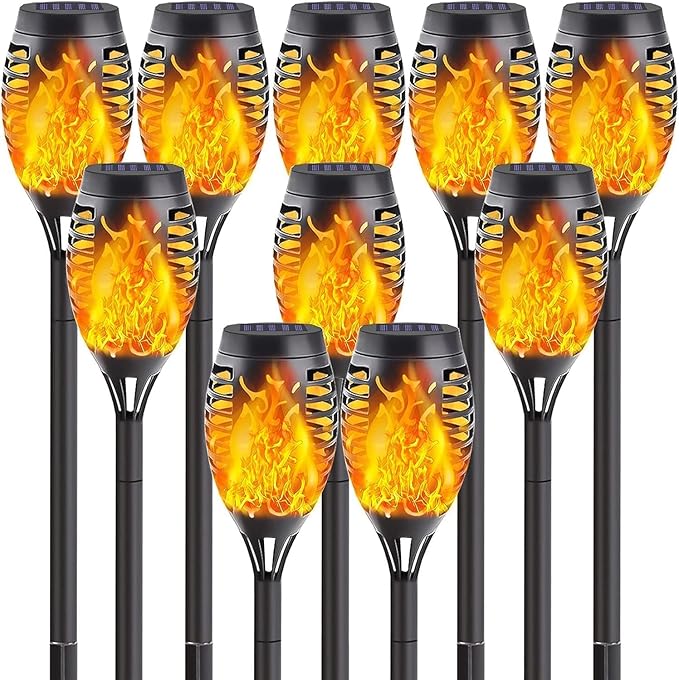 10Pack Solar Lights Outdoor Mini Solar Torch Lights with Flickering Flame for Garden Decor Solar Flame Lights Waterproof Solar Powered Outdoor Lights Solar Tiki Torches for Pathway Patio Yard Porch