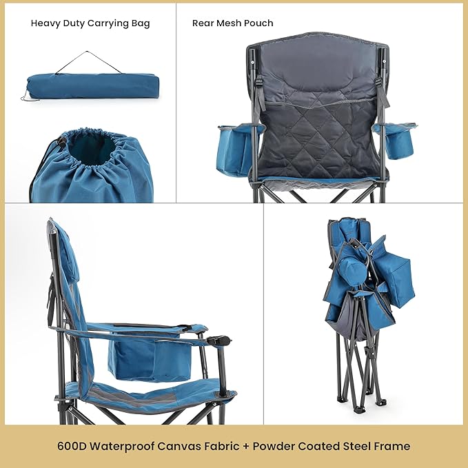 ARROWHEAD OUTDOOR Deluxe Folding Camp Chair – 550lb Capacity Heavy-Duty Quad Chair with Integrated Cooler Headrest and Dual Cup Holders.