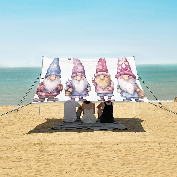 Cute Gnomes Beach Tent Sun Shelter 9.2' x 10.5' Beach Canopy with 4 Sandbags 4 Stability Poles Sand Shovels - Tent Canopy for Beach Camping Fishing Picnics