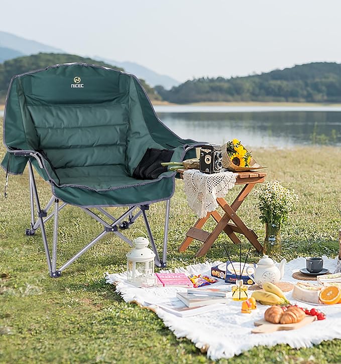 Nice C Camping Chairs Oversized XL Padded Camping Chair Outdoor Chair Lawn Chairs Lounge Chair Wide&ampThick Heavy Duty 400lb Carry Bag Cupholder &amp Cooler (Two Green)