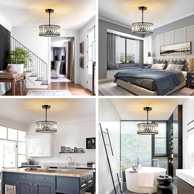 3-Light Crystal Ceiling Light Modern Semi Flush Mount Light Fixture Black Crystal Chandelier for Kitchen Bedroom Bathroom Entryway Hallway