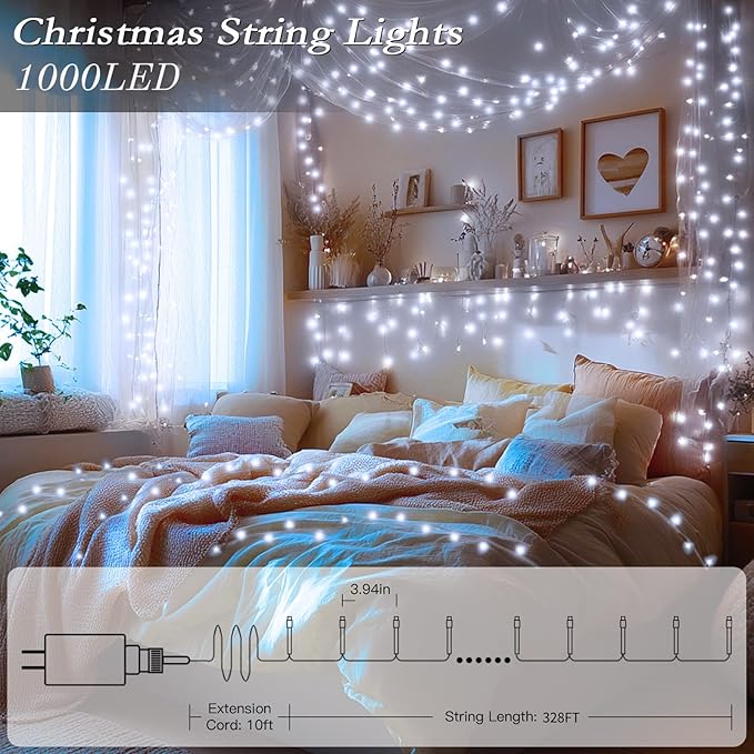 328FT 1000 LED Christmas Tree Lights Bright Cool White Outdoor Christmas String Lights for House Fairy Lights with 8 Modes Waterproof &amp Durable Indoor Outdoor Decor Timer Included