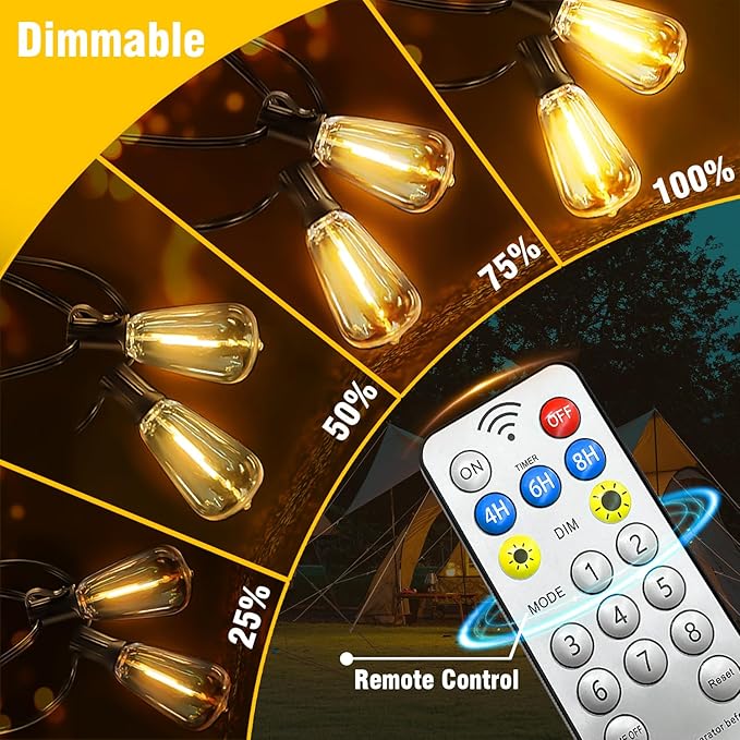 Solar String Lights Outdoor Waterproof Lights with Remote &amp Timer LED Shatterproof ST38 Bulbs USB &amp Solar Powered Patio Lights for Backyard Porch Garden Wedding Christmas Decor (50FT)