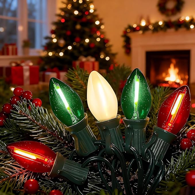 Abeja 25Ft C7 Christmas Multicolor String Lights with 27 Red Green &amp Frosted White Edison Bulbs Hanging Vintage Christmas Light Outdoor Waterproof for Party Garden Wedding Bistro Roofline Decor