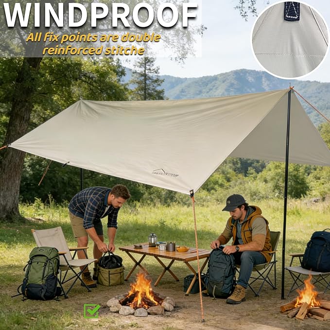 DANCHEL OUTDOOR 13x9.8ft Large Waterpoof Camping Nylon Tarp Canopy Tent Canopy Sun Shelter Glamping Awning Accessories Khaki