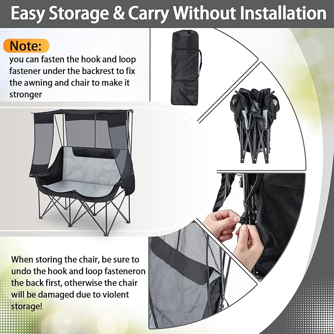 Double Camping Chair with Canopy Shade 660lbs Heavy Duty Beach Chair Portable Folding 2 Person Camping Loveseat with Cup Holder and Storage Bag for Lawn Beach Outdoor Sport(Black and Grey)