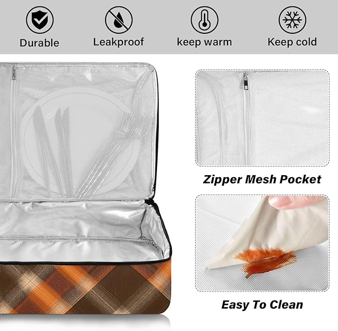Casserole Carrier Orangeand Brown Tartan Plaid Insulated Casserole Carrier for Hot or Cold Food Thermal Lunch Tote for Parties Picnic Travel Carry Bag