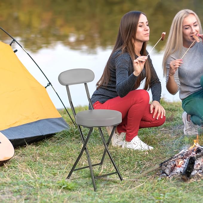 Cushioned Padded Folding Stools Folding Bar Stool with Backrest 220lb Capacity 19 Inch Collapsible Round Portable Foldable Chair for Outdoor Indoor Kitchen Camping Fishing (Grey 2 Pack)