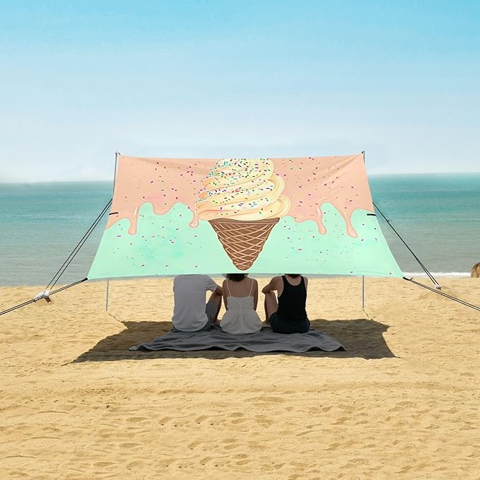 Ice Cream Cone Beach Tent Sun Shelter 9.2' x 10.5' Beach Canopy with 4 Sandbags 4 Stability Poles Sand Shovels - Tent Canopy for Beach Camping Fishing Picnics
