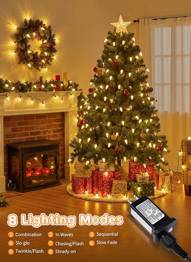 C9 LED Christmas Lights Outdoor 81 Feet 100 LED String Lights With Timer &amp 8 Lighting Mode Waterproof Commercial Grade Extendable for Indoor Outside Roofline Patio Home Xmas Decoration Warm Whi