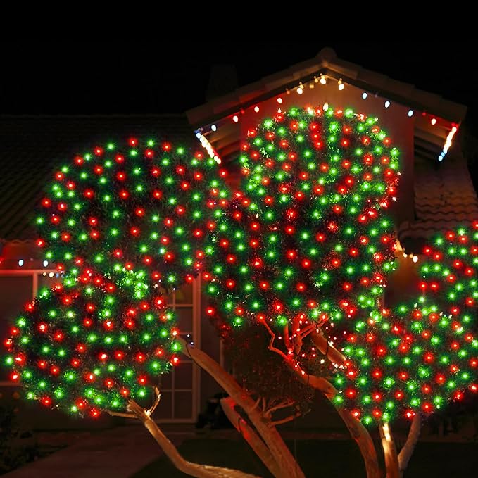 WBao Christmas Lights 200LED 9.8ft x 6.6ft Christmas Bush Lights 8 Modes Timer End to End Connectable Waterproof Design for Lawn Bush Tree Outdoor Xmas Decorations Red Green (Clear Wire)