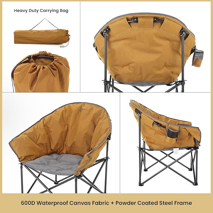 ARROWHEAD OUTDOOR Oversized Heavy-Duty Club Folding Camping Chair with Pocket Cup Holder Portable Padded Moon Round Saucer Supports 330lbs Carrying Bag