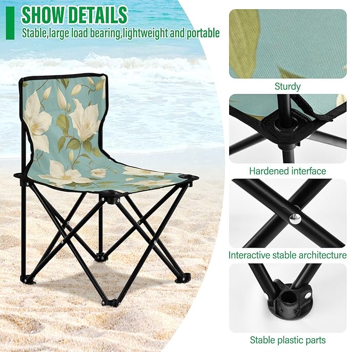 KLL Chic White Clematis Flowers Teal Background Compact Portable Beach Chairs for Traveling Ultralight Beach Chair Carry Bag Included Hiking Chairs Backpacking Ultralight for Outside Outdoor