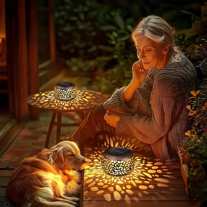 Solar Lanterns Outdoor Waterproof Decor: 2 Pack Red Copper Hollow Out Retro Metal Solar Lights - Unique Gardening Gifts for Women Mom - Outside Patio Porch Yard Tabletop Decorations 2 Lighting Modes