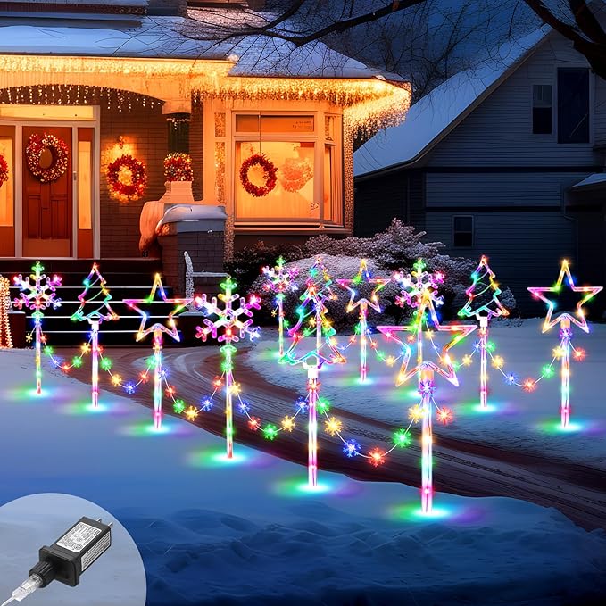 12 Pack Outdoor Snowflake Walkway Lights Plug in Christmas Pathway Lights 8 Modes Xmas Waterproof LED Garden Stake Light for Walkway Porch Yard Lawn(Multicolor)