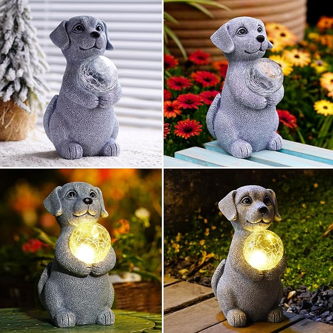Dog Garden Statues - 8.4 Dog Decor with Gazing Ball LED Lights Unique Gifts for Mom Grandma Birthdays Outdoor Decor for Outside Lawn Porch Patio (Gray)