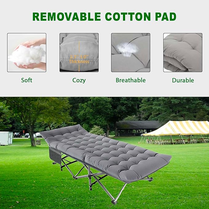 Camping Cot for Adluts Sleeping Portable Bed Folding Outdoor Cot for Camping W/Soft Pad Cement Grey