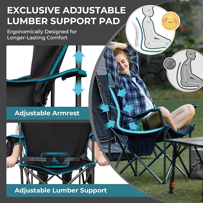 FUNDANGO Oversized Camping Chair for Adults550lbs Heavy Duty Foldable Portable Lawn Chair with Padded Seat &amp Back 4-can Cooler &amp Cup Holder Carry Bag Included for Outdoor (Black/Grey)