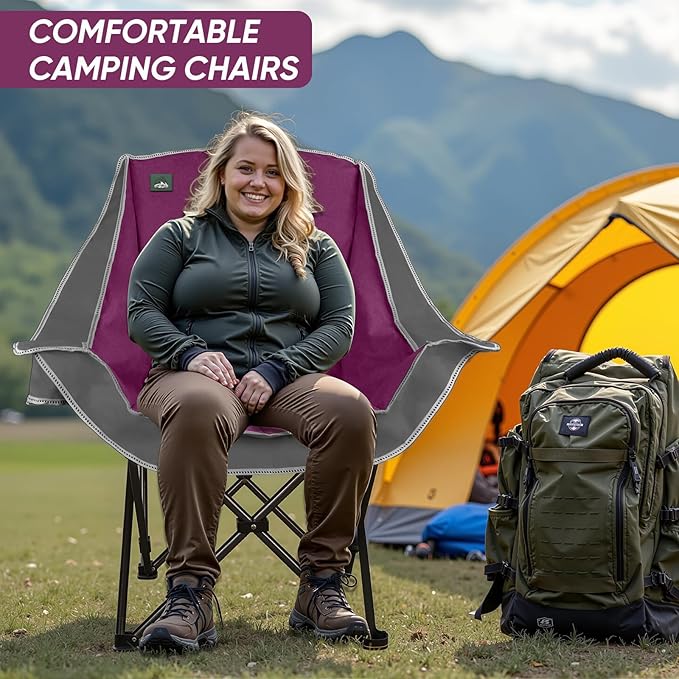 Northroad Oversized Foldable Camping Chair Outdoor Padded Lawn Chair w/Cup HolderCarry Bag for Beach Hiking and PicnicsHeavy-Duty 300-lbs Capacity Purple