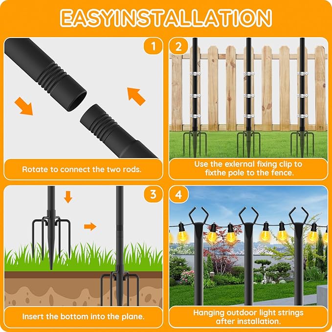 4 Pack String Light Poles Outdoor String Light Pole 10ft Forked Metal Light Pole with Adjustable Outdoor Light Stand Deck Backyard Garden Wedding Rustproof and Sturdy with Hooks