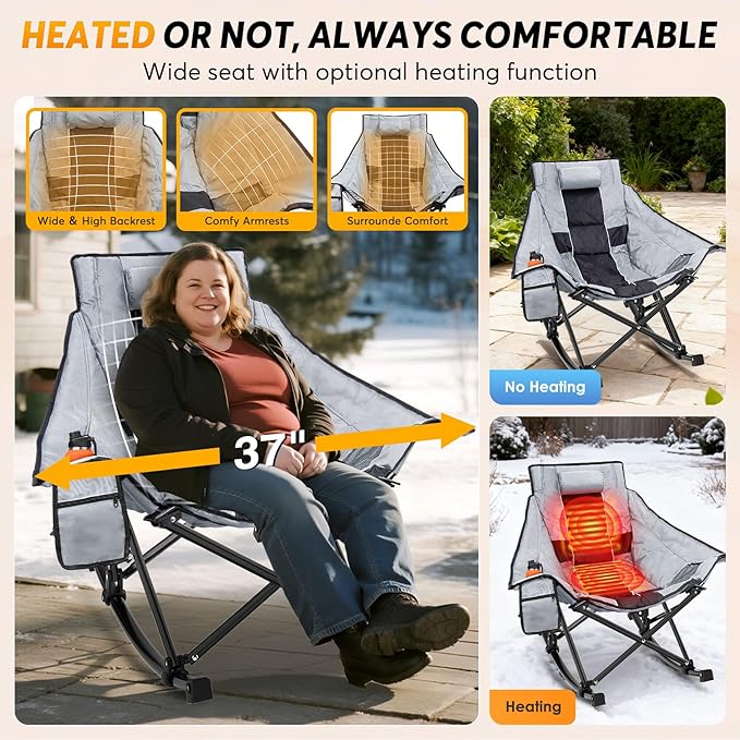 Suteck Heated Rocking Camping Chair XL Oversized Rocking Chair Outdoor with 3 Heat Levels for Back and Seat Heated Chairs Outdoor Sports for Patio Lawn Picnic Travel Battery(Not Included)