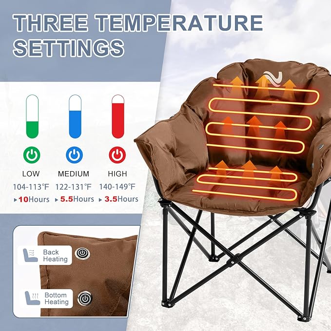 Slsy Heated Camping Chair Oversized Outdoor Portable Heated Folding Chair Heavy Duty 500 lbs Support Padded Seat for Outdoor Sports Camping Patio and Picnics
