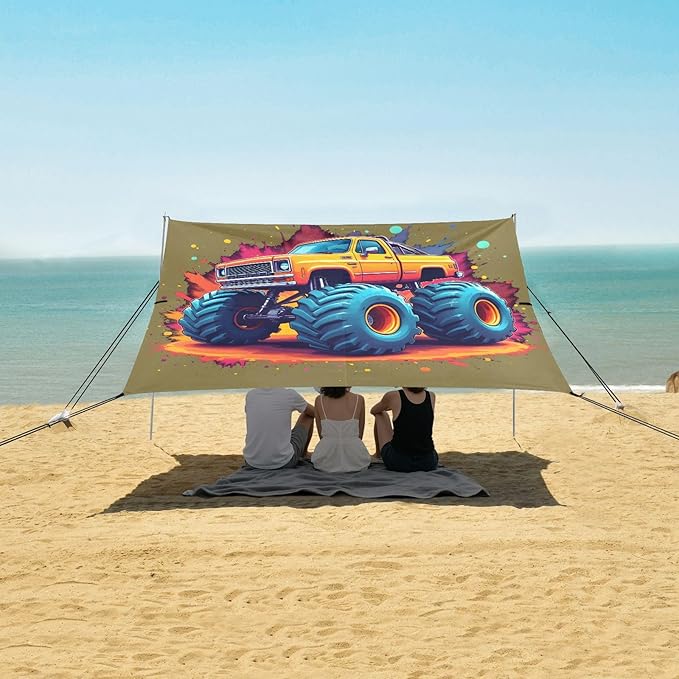 ALAZA Jet Monster Truck Beach Tent Sun Shelter UPF50+ Protection Beach Shade Canopy w/ 4 Sandbags for Outdoor Camping Fishing Backyard Fun Picnic 10x9 ft