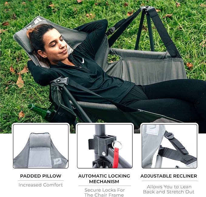 Portable Swing Hammock Chair | Foldable Recliner Rocking Lounger with Headrest &amp Drink Holder | Outdoor Sports Beach Lawn Hunting Tailgating Fishing | Supports 300Lbs (Grey)