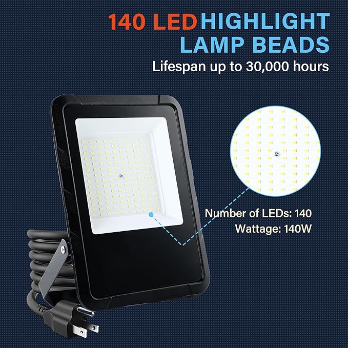 Simple Deluxe 2 Pack 100W Flood Lights Outdoor 10000LM Daylight White LED Work Light with Plug IP65 Waterproof 6500K Floodlight for Garage Yard Lawn