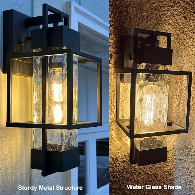 PARTPHONER Modern Outdoor Light Fixtures Outdoor Lighting 2 Pack 15 Exterior Wall Sconce Waterproof Porch Light Outside Light for House with Water Glass for Garage Doorway Black
