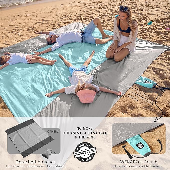 WEKAPO Beach Blanket Sandproof Waterproof Extra Large Beach Mat Oversized &amp Compact Sand Free Quick Drying Beach Essentials for Vacation Cruise Picnic &amp Camping with Stakes