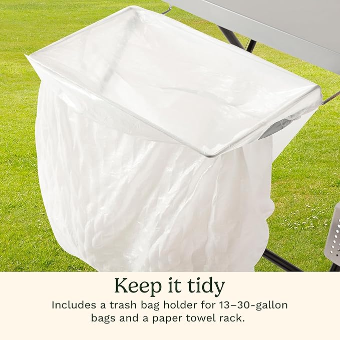 Cuisinart Fold ‘n Go Prep Table Portable Folding Table and Grill Stand with Tool hooks Trash Bag Holder Paper Towel Rack 24” x 20” Steel Food Prep Station Perfect for BBQs Tailgates and Camping