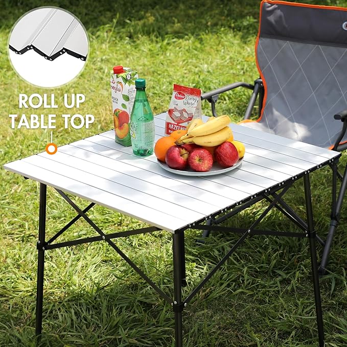 Portal Lightweight Aluminum Folding Square Table Roll Up Top 4 People Compact Table with Carry Bag for Camping Picnic Backyards BBQ Silver