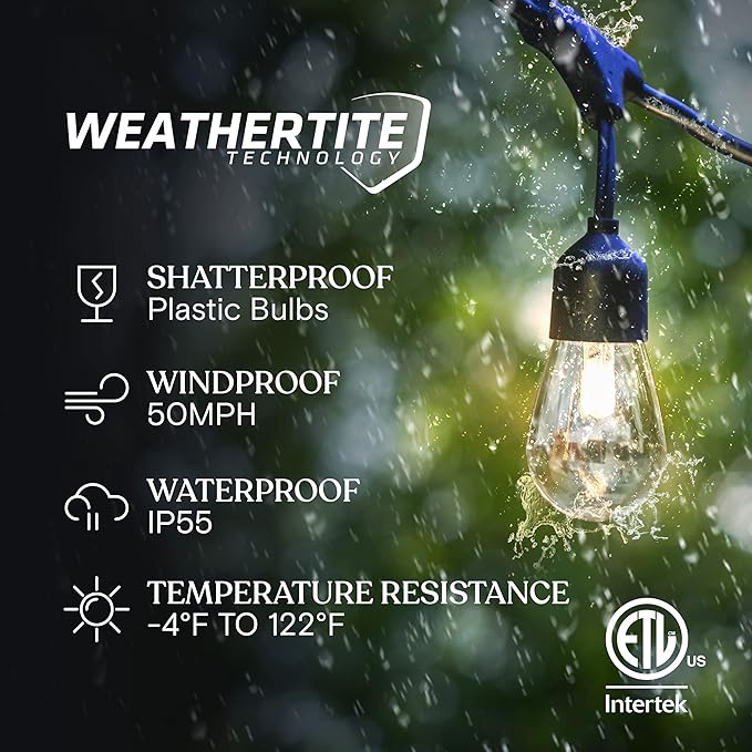 Brightech Ambience Pro Solar Powered Outdoor Patio String Lights - Commercial Grade 27 Ft Waterproof with 12 Edison Bulbs  Shatterproof LED - 2W  Soft White