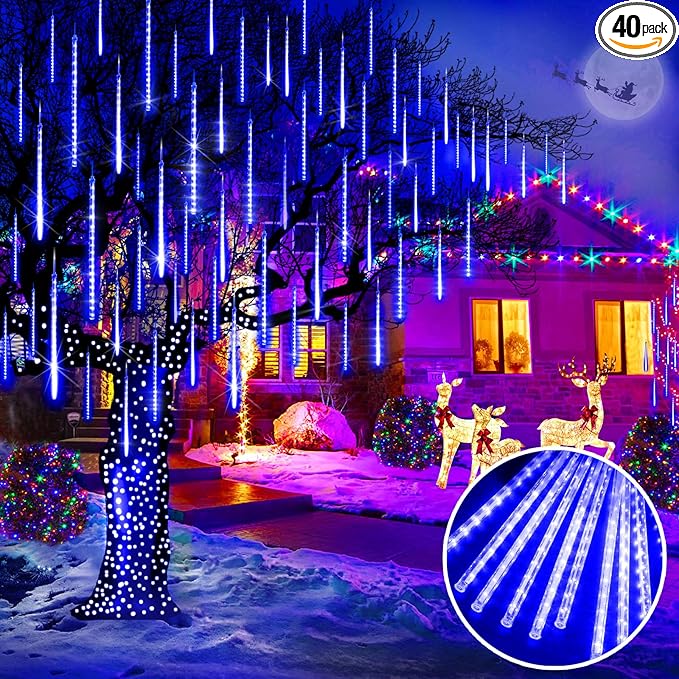 KNONEW 40 Tubes 1120 LED Meteor Shower Lights Christmas Lights Outdoor Plug in Waterproof Falling Rain Light for Xmas Tree Wedding Party Garden Holiday Rooftop Decorations (Blue)