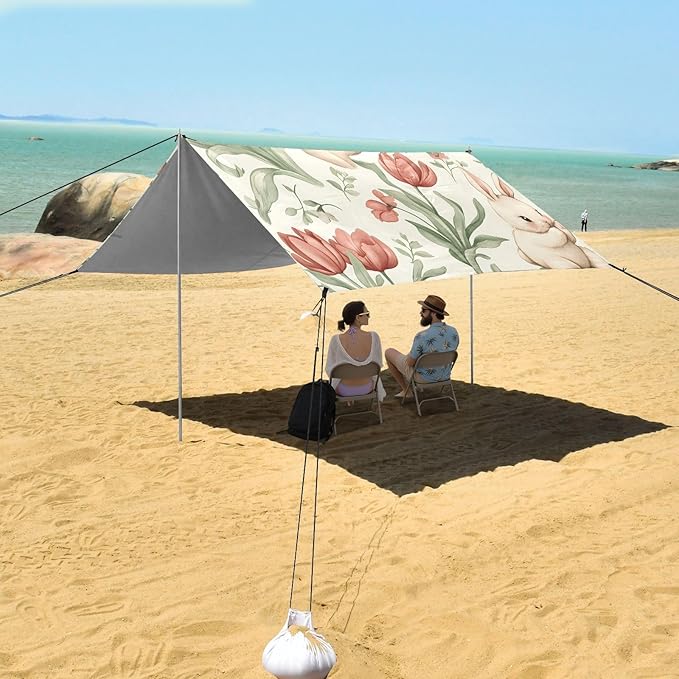 Rabbit Tulip Pattern Camping Sun Shelter Beach Tent Portable Beach Sun Shade Outdoor Canopy for Camping Trips Fishing Picnic