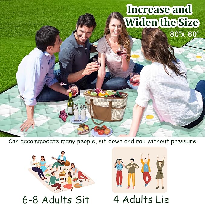 Extra Large Picnic Blanket Waterproof80x 80Foldable Machine Washable Beach BlanketOutdoor Blanket for 6-8 AdultsSuitable for Indoor CrawlingPark BeachCampingHikingFamily Travel(Light green)