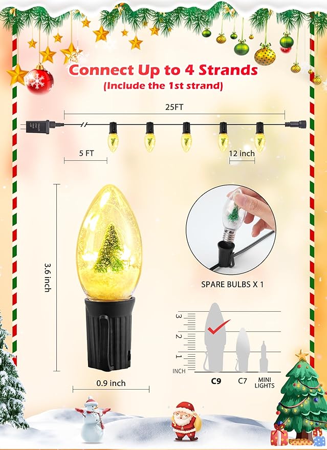 C9 LED Christmas Lights Outdoor 25 Ft C9 String Lights with 20 Shatterproof LED Bulbs 3 Light Mode Connectable Waterproof Christmas Tree Lights for Outside Indoor Holiday Garden Decor Warm White