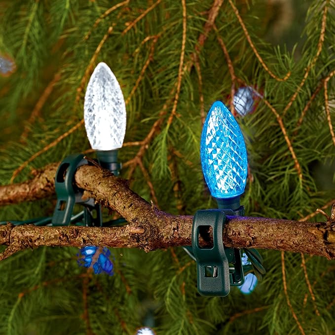 C9 LED Quick Clip Christmas Lights | Built-in Clip-On String Lights | 24 Pure White &amp Blue Bulbs | 16 Foot Strand
