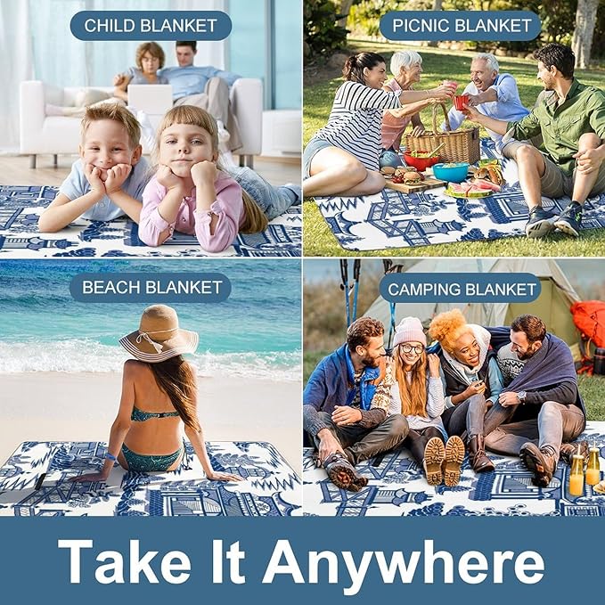Blue and White Chinese Folk Chinoiserie Style Waterproof Outdoor Picnic Blanket Sandproof Beach Mat for Camping Hiking Grass Travelling